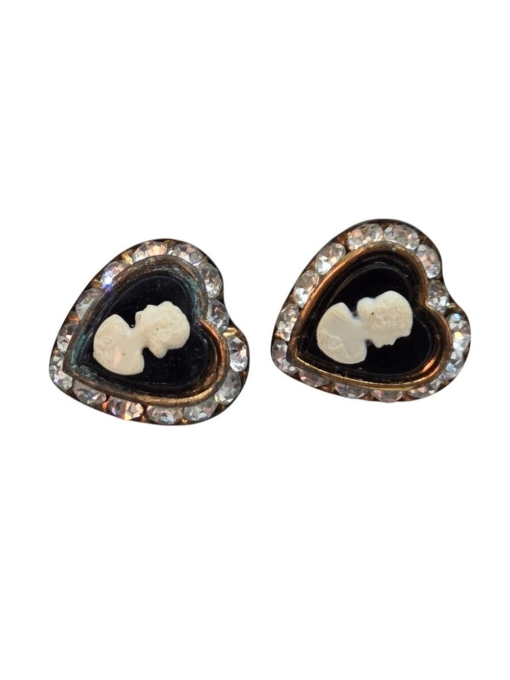 Vintage Heart-Shaped Cameo Screw-Back Earrings With Rhinestone Border Black & Iv